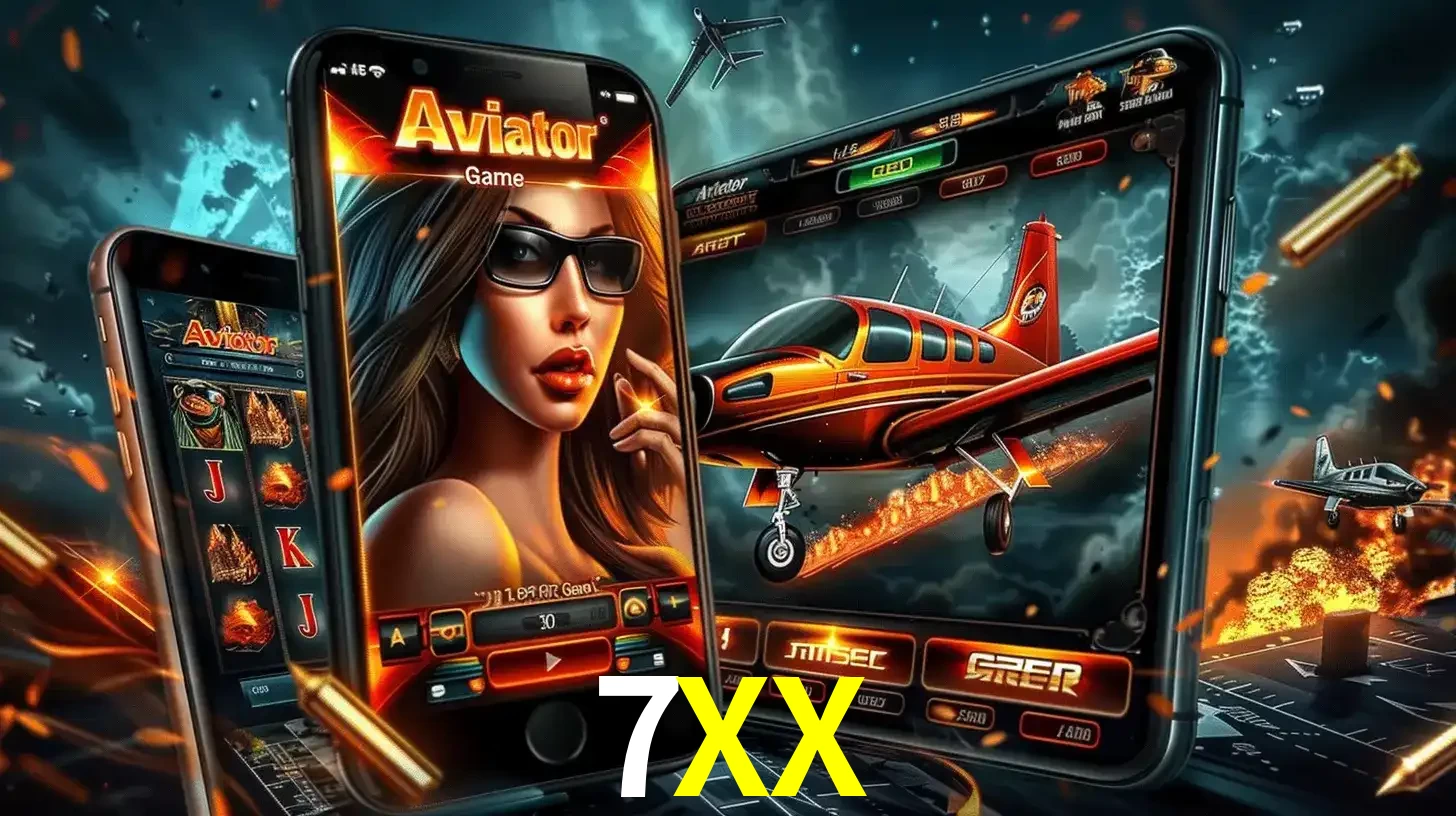 O popular jogo de apostas Aviator exibido em vários celulares e tablets, mostrando a interface emocionante e a ação de voo disponíveis para jogar agora no 7XX.