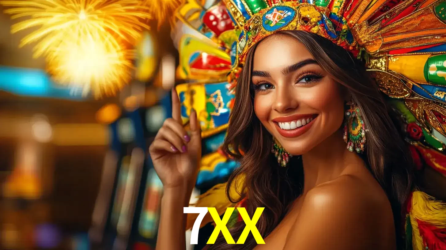 Mulher sorridente com um cocar de carnaval vibrante e colorido, celebrando uma grande vitória nos jogos do cassino 7XX com fogos de artifício ao fundo.
