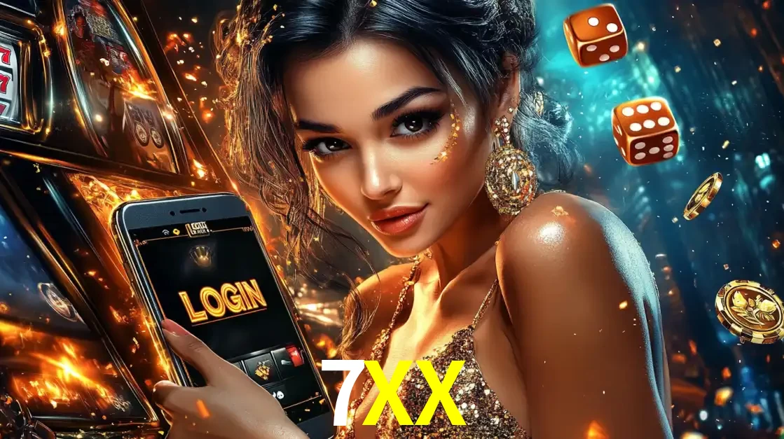Mulher glamourosa segurando um celular com a tela de login do cassino 7XX, rodeada por dados e moedas douradas, pronta para começar a diversão.