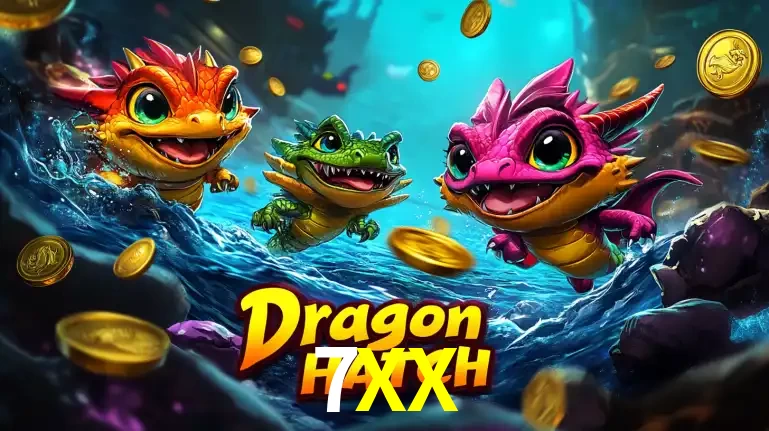 Arte promocional do jogo Dragon Hatch com três adoráveis dragões bebês nadando entre moedas de ouro, um dos slots mais divertidos para jogar no cassino 7XX.