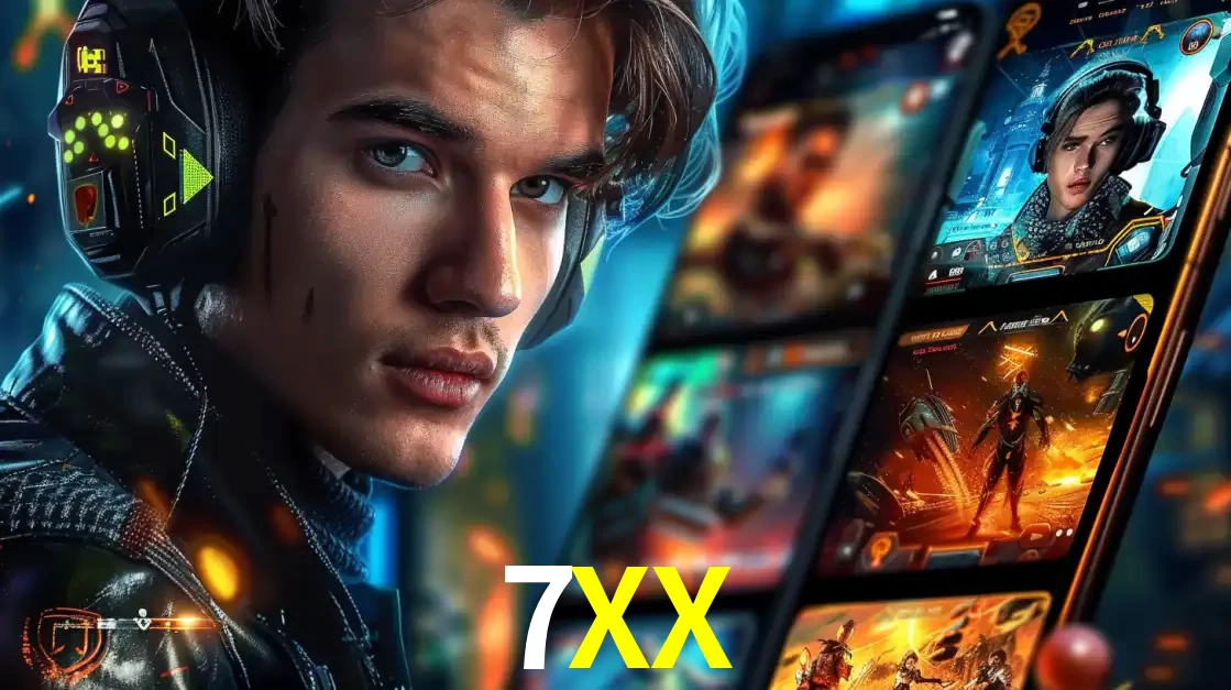 Jovem jogador com fones de ouvido olhando para a câmera, com um aplicativo de jogos e e-sports para celular ao fundo, pronto para a competição e apostas no 7XX.