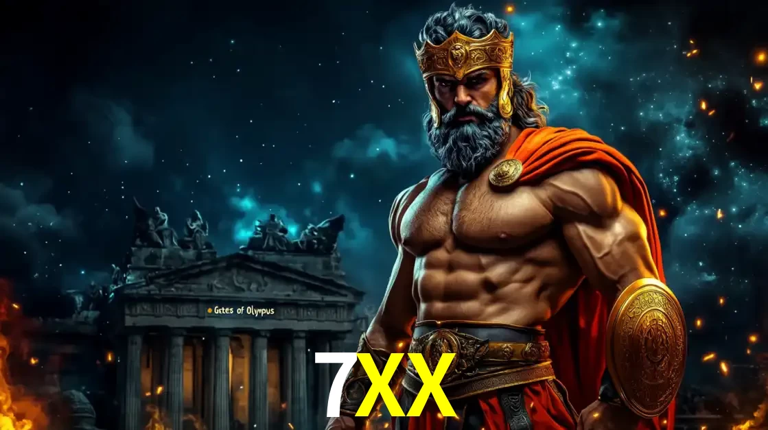 O poderoso Zeus do jogo de slot Gates of Olympus em frente ao seu templo, pronto para lançar multiplicadores divinos e prêmios épicos no cassino online 7XX.