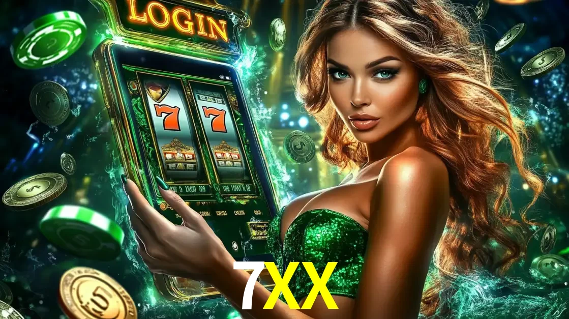 Mulher com tema verde apresentando o aplicativo do cassino 7XX com um jogo de slot de 777, cercada por fichas de cassino e uma aura de sorte.