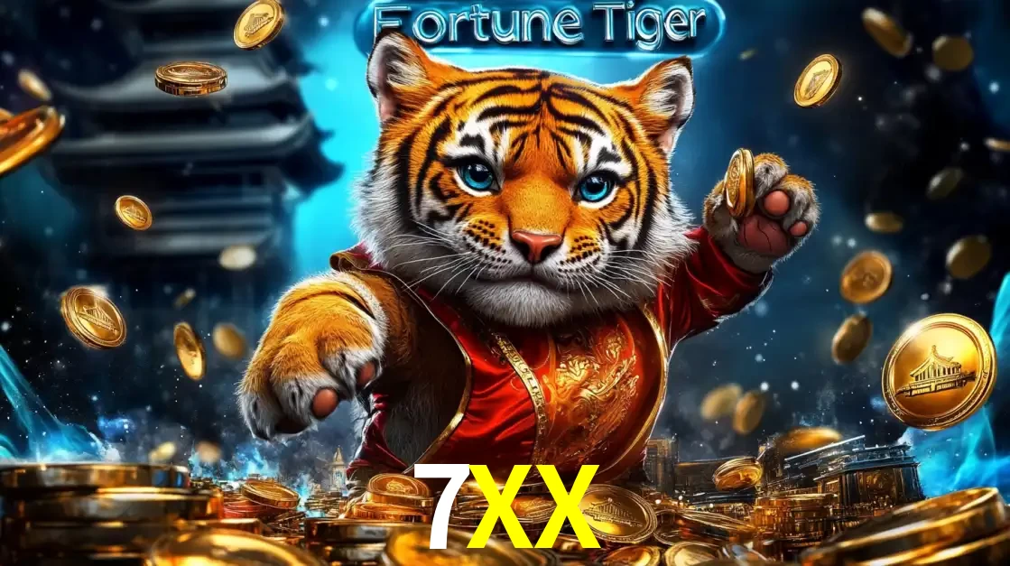 Imagem promocional do jogo de slot Fortune Tiger, com um tigre majestoso em traje tradicional cercado por uma fortuna em moedas de ouro, disponível agora no cassino 7XX.