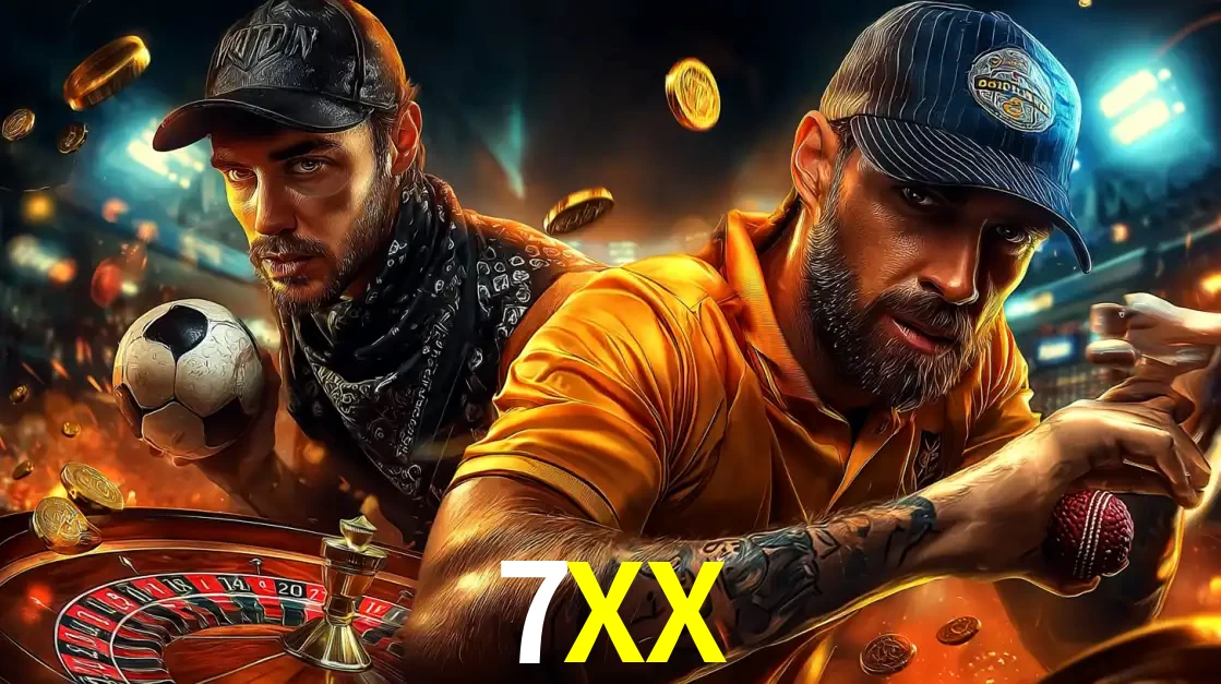 Montagem de apostas esportivas e cassino no 7XX, com um homem segurando uma bola de futebol e outro uma de beisebol sobre uma roleta e moedas voadoras.