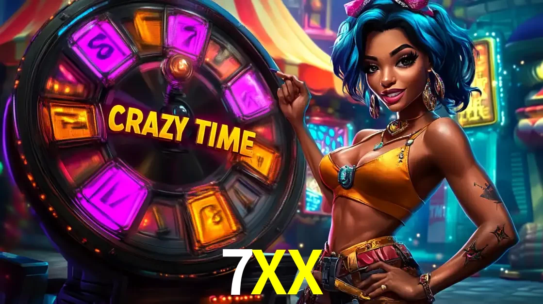 Mulher estilizada com cabelo azul e visual vibrante posando ao lado da roda de prêmios do game show Crazy Time, convidando para a diversão e os bônus do cassino 7XX.