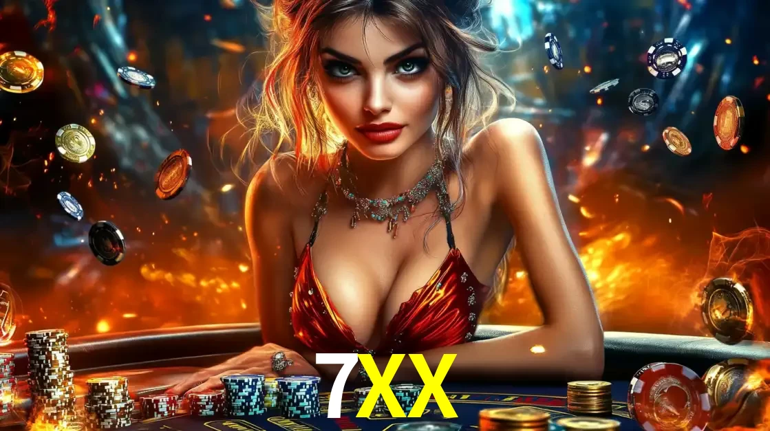 Mulher em uma mesa de cassino com pilhas de fichas e um fundo de fogo, pronta para uma rodada de altas apostas nos jogos de mesa emocionantes do cassino 7XX.