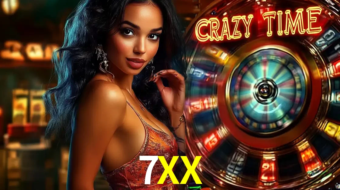Mulher elegante ao lado da vibrante roda da fortuna do jogo de cassino ao vivo Crazy Time, um dos game shows mais populares e cheios de prêmios do 7XX.