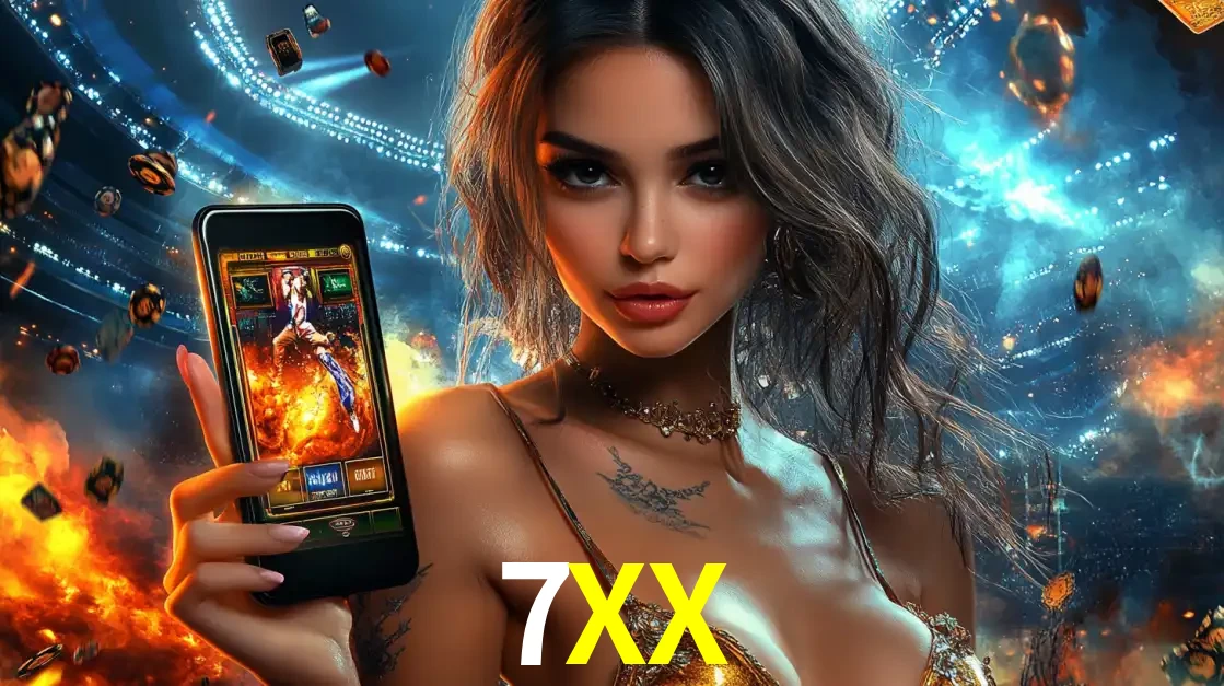 Mulher segurando um celular com um jogo de slot em destaque, tendo como fundo um estádio vibrante, simbolizando a emoção de jogar no cassino móvel 7XX.