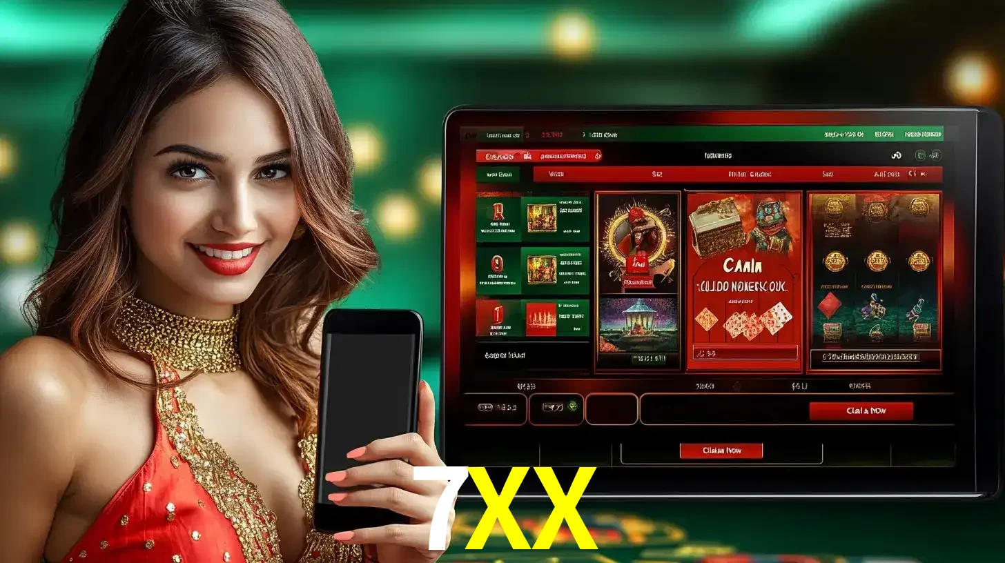 Mulher sorridente segurando um smartphone, ao lado de uma tela exibindo o lobby de jogos do cassino online 7XX, com várias opções de jogos de cartas e slots.
